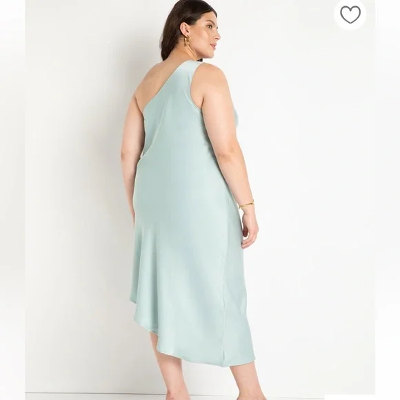NWT Eloquii sea glass green one shoulder satin midi dress, size 16 - Picture 3 of 4